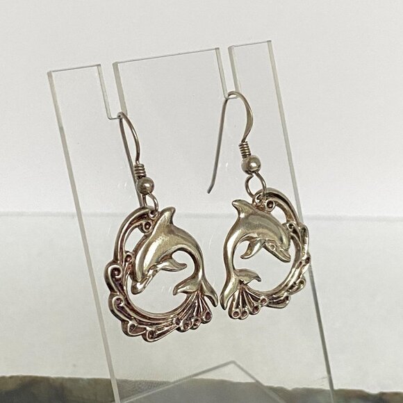 VTG Sterling Silver 925 VIMAR 1.60" Jumping Dolphin Wave Dangle Earrings Sealife - Picture 7 of 16